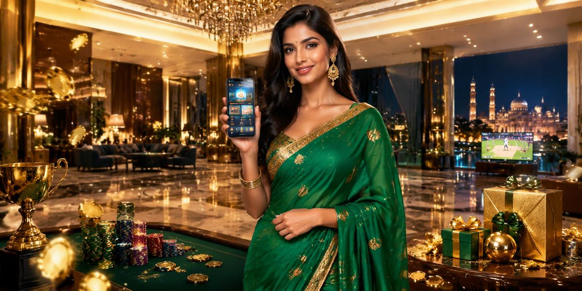 Indian player enjoying Teen Patti on mobile device in traditional attire