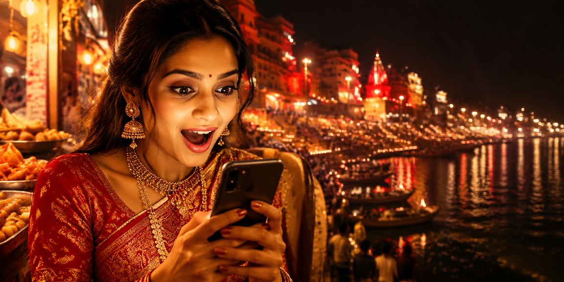 Indian user making mobile deposit near Varanasi Ghat